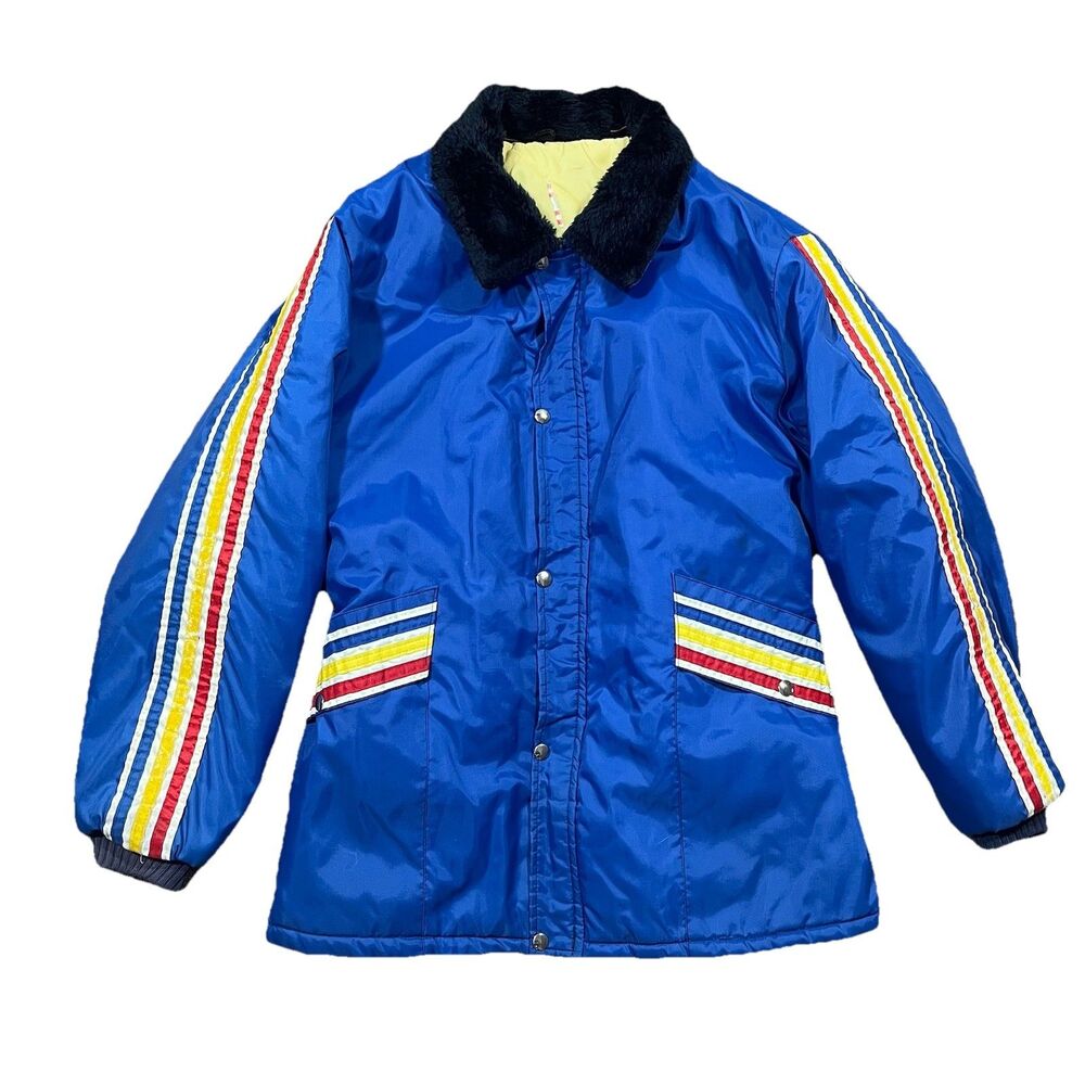 Vintage United Pioneer Blue Insulated Jacket XL Faux Fur Collar Striped Sleeves